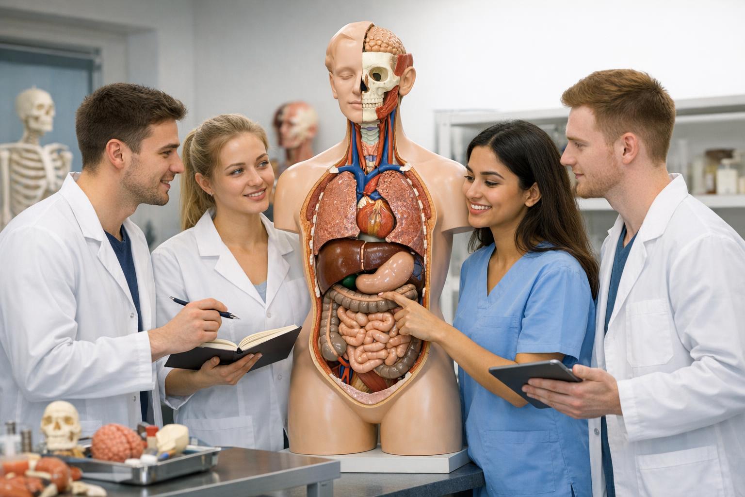 Zdjęcie: studenci pracujący z anatomicznym modelem w pracowni