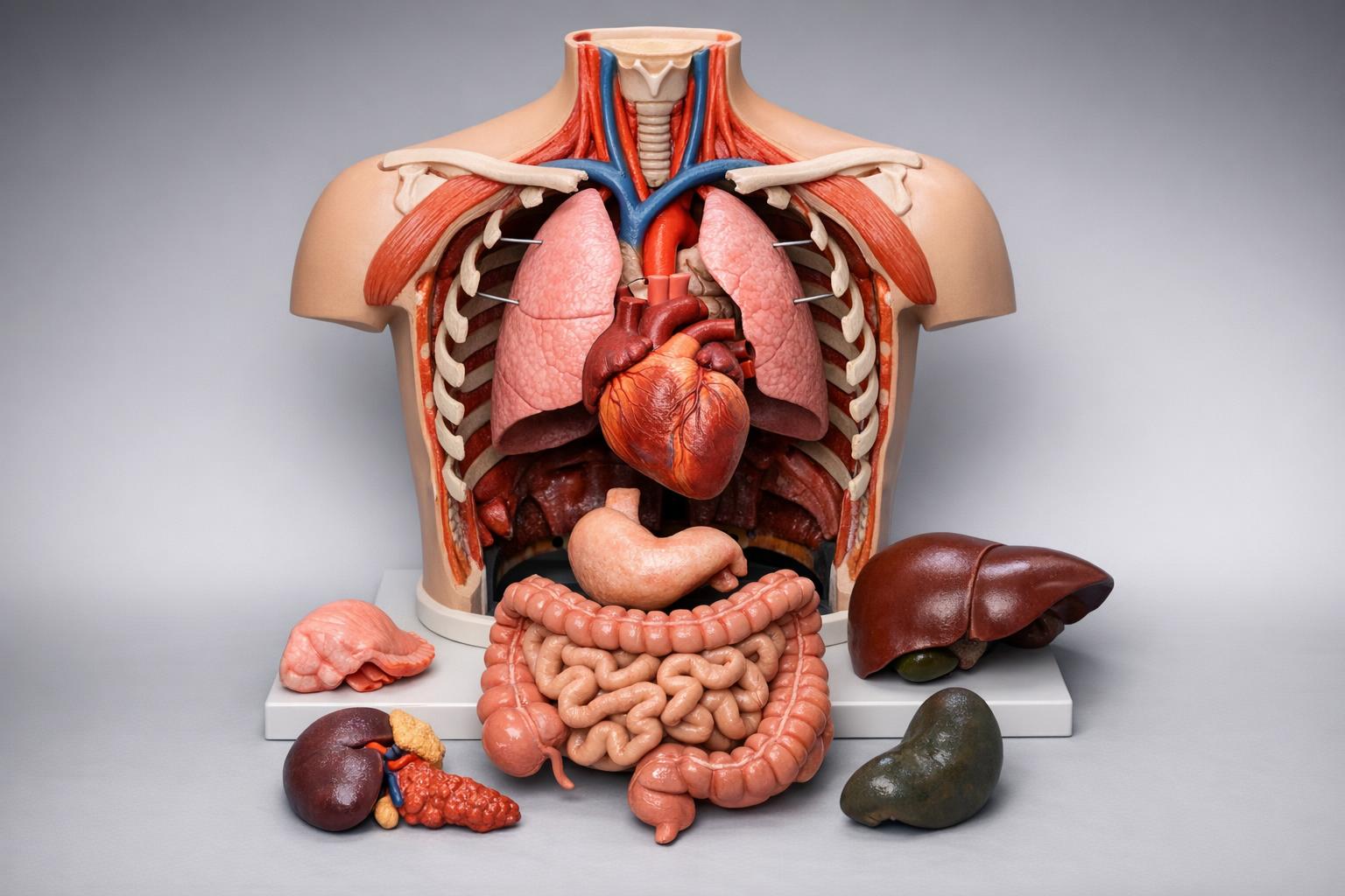 trójwymiarowy model anatomiczny ludzkiej klatki piersiowej z wyciąganymi narządami
