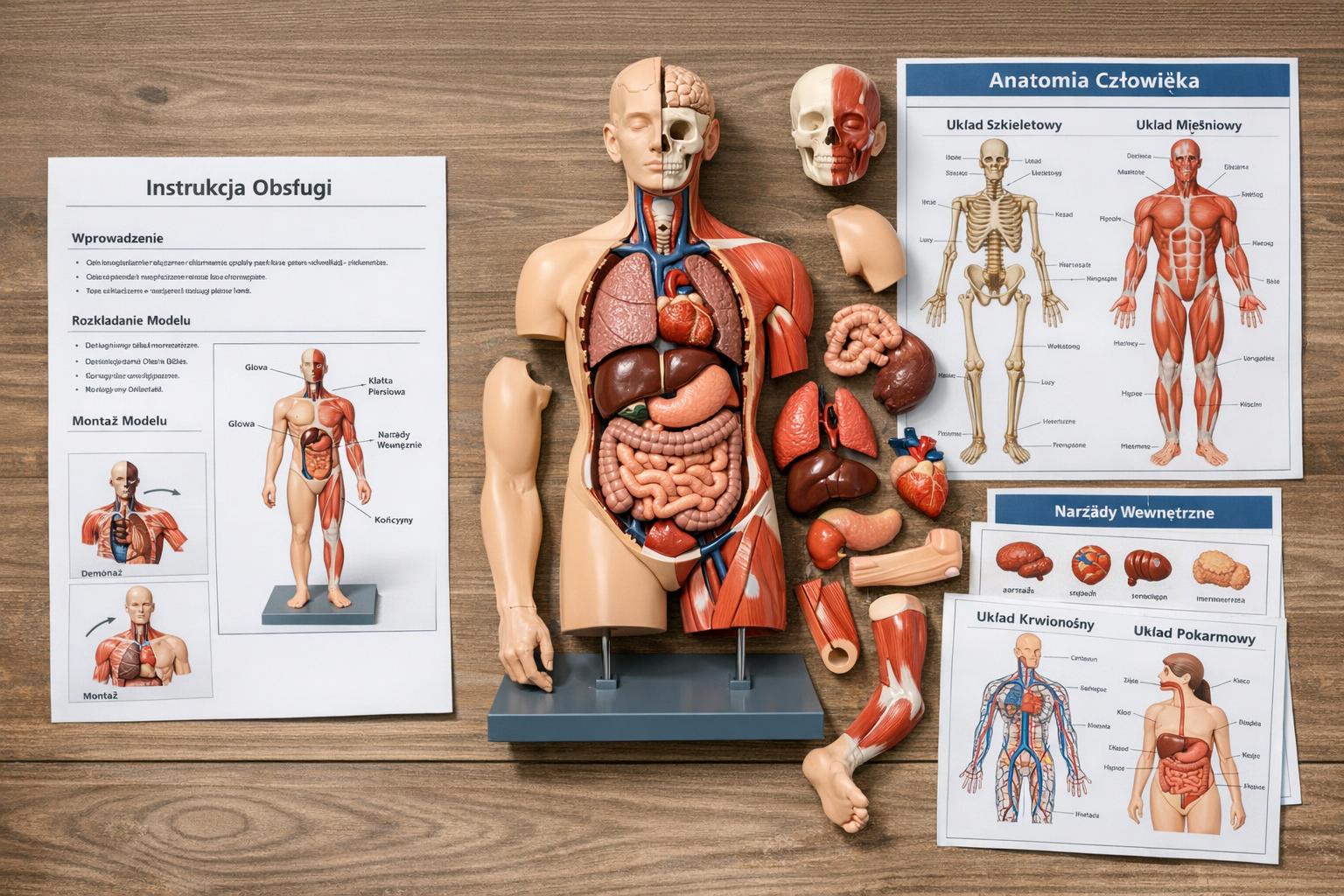 instrukcja obsługi anatomicznego modelu z etykietami i dodatkowymi materiałami edukacyjnymi