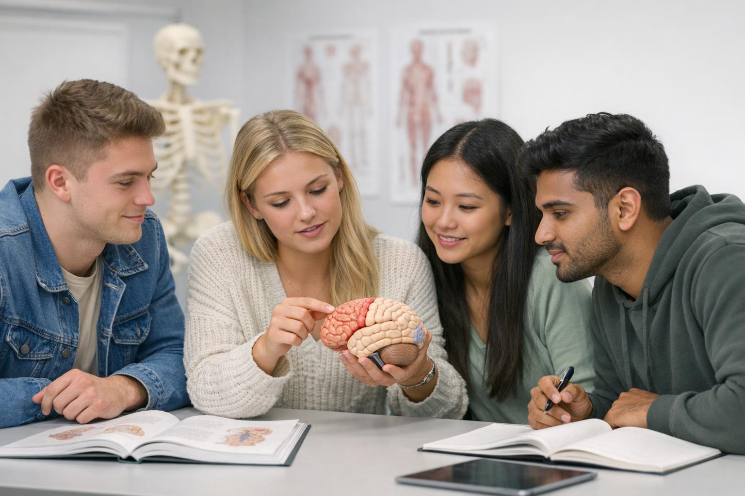 Zdjęcie studentów analizujących model anatomiczny mózgu podczas zajęć